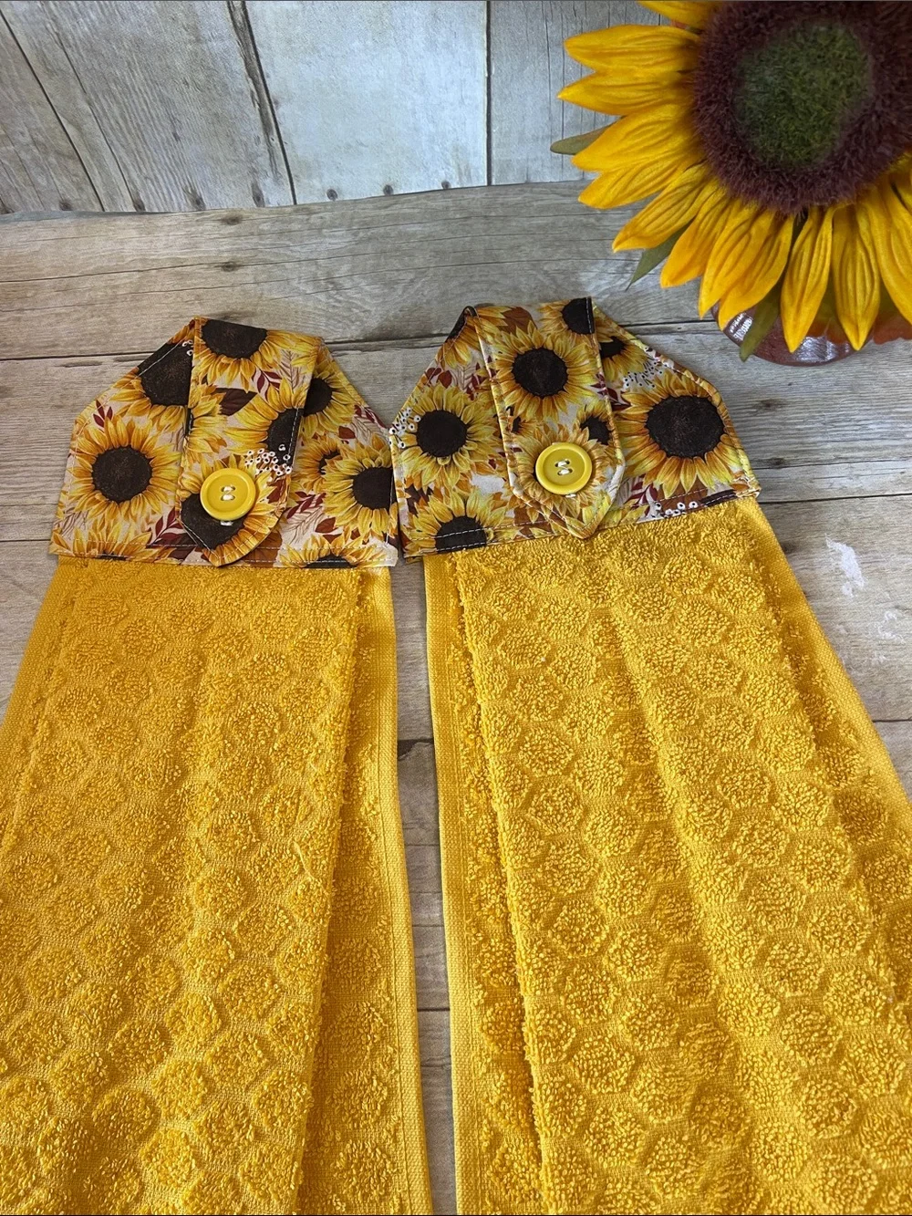 Sunflower Sewn Button-Top Yellow Hanging Towels Set of Two